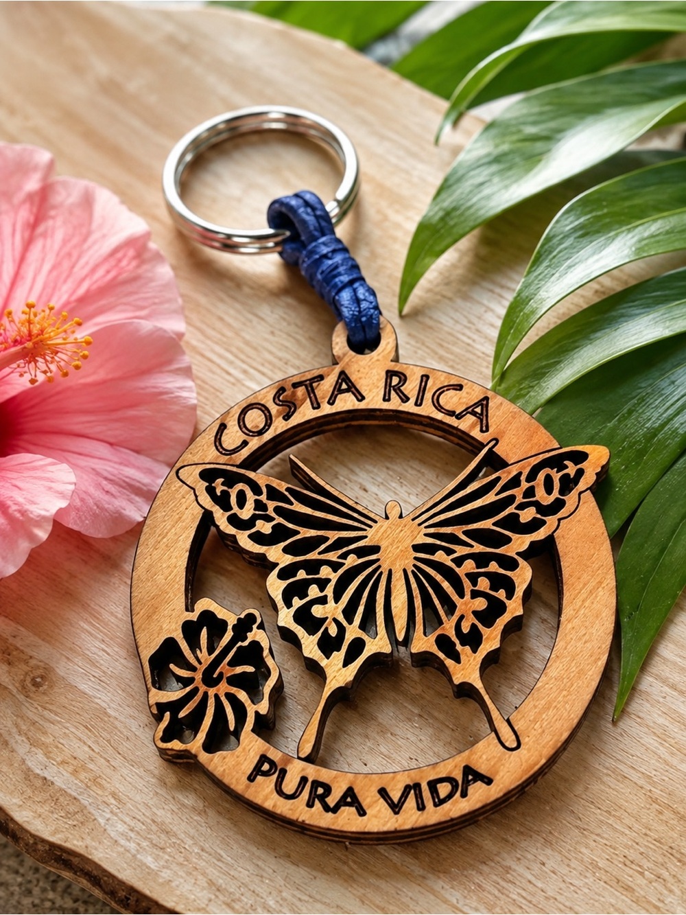 COSTA RICA Pura Vida Butterfly Hibiscus Wood Keychain Travel Souvenir Gift